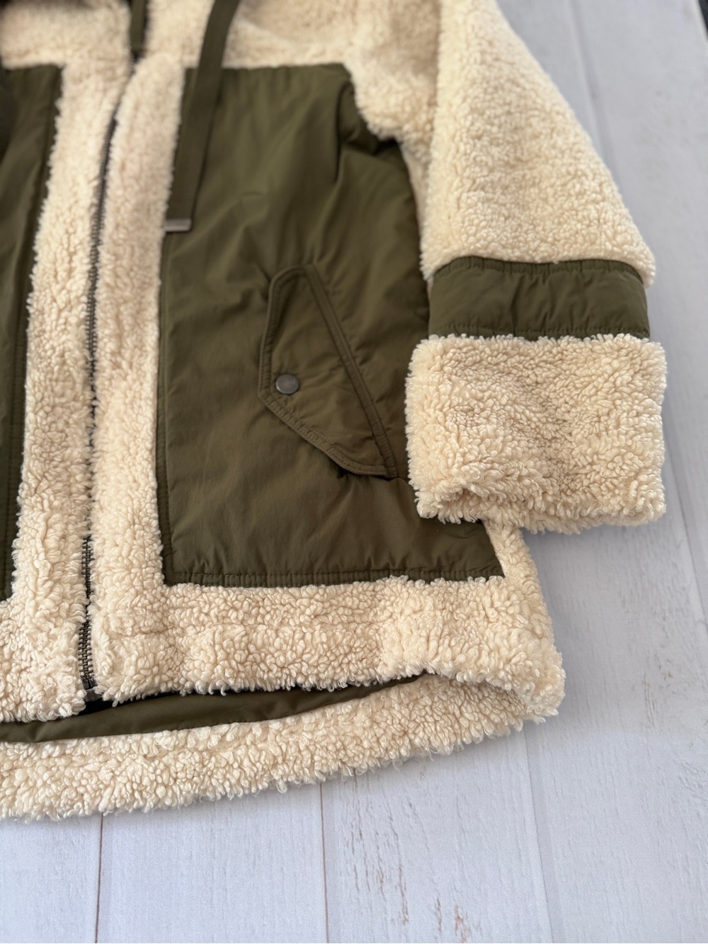 Pilcro by Anthropology Women’s S Sherpa Fleece Jacket Cream Olive Utility Coat - Picture 9 of 16